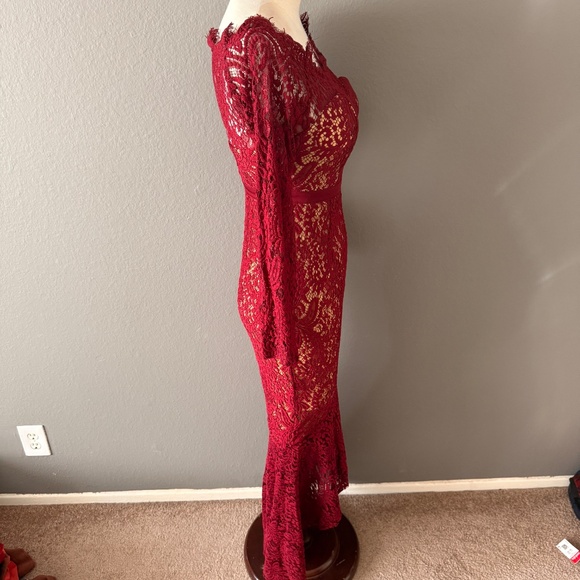 L'atiste By Amy Lace Party Dress Sz S Hi Low Hem Long Sleeve Dark Red Mermaid - Picture 6 of 9